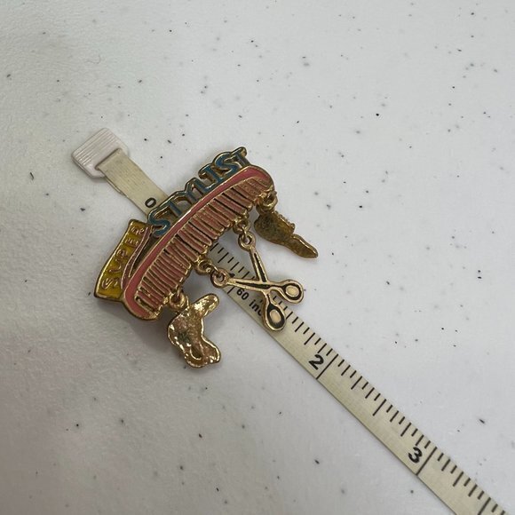 DM David Monn Super Stylist Brooch Charm Dangle Pink Yellow Enamel Gift Pin Used - Picture 6 of 6